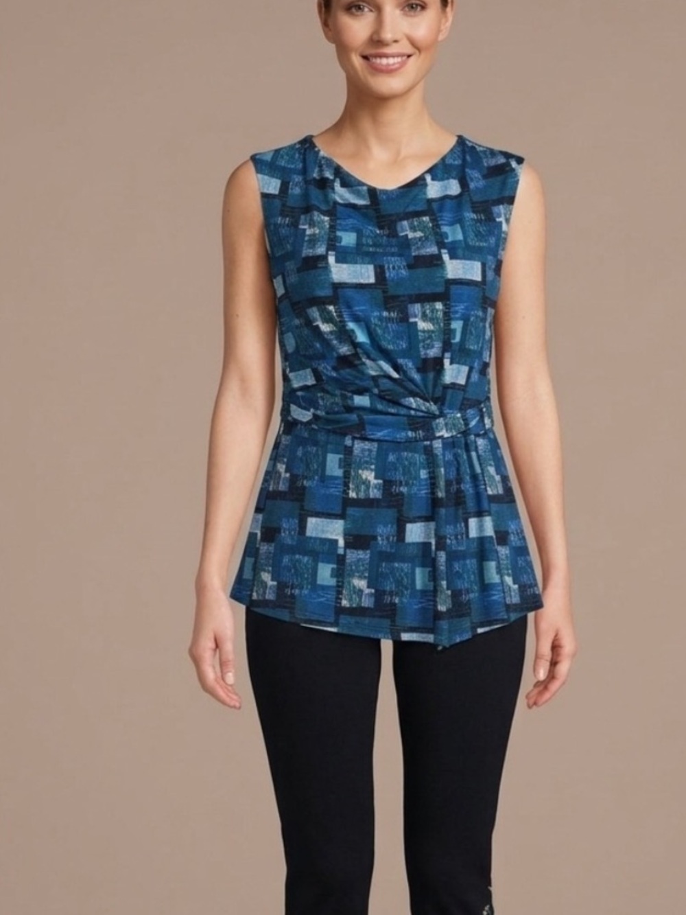 Mandy Evans Geometric Ruched Peplum Top L Made in Canada